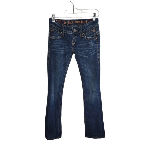 Rock Revival Patti Boot Cut Dark Wash Flap Pockets Distressed Jeans Size 26 - Picture 1 of 11